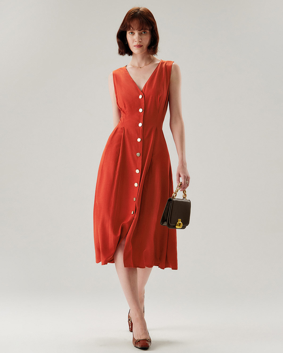 Red V-neck Button Sleeveless Midi Dress