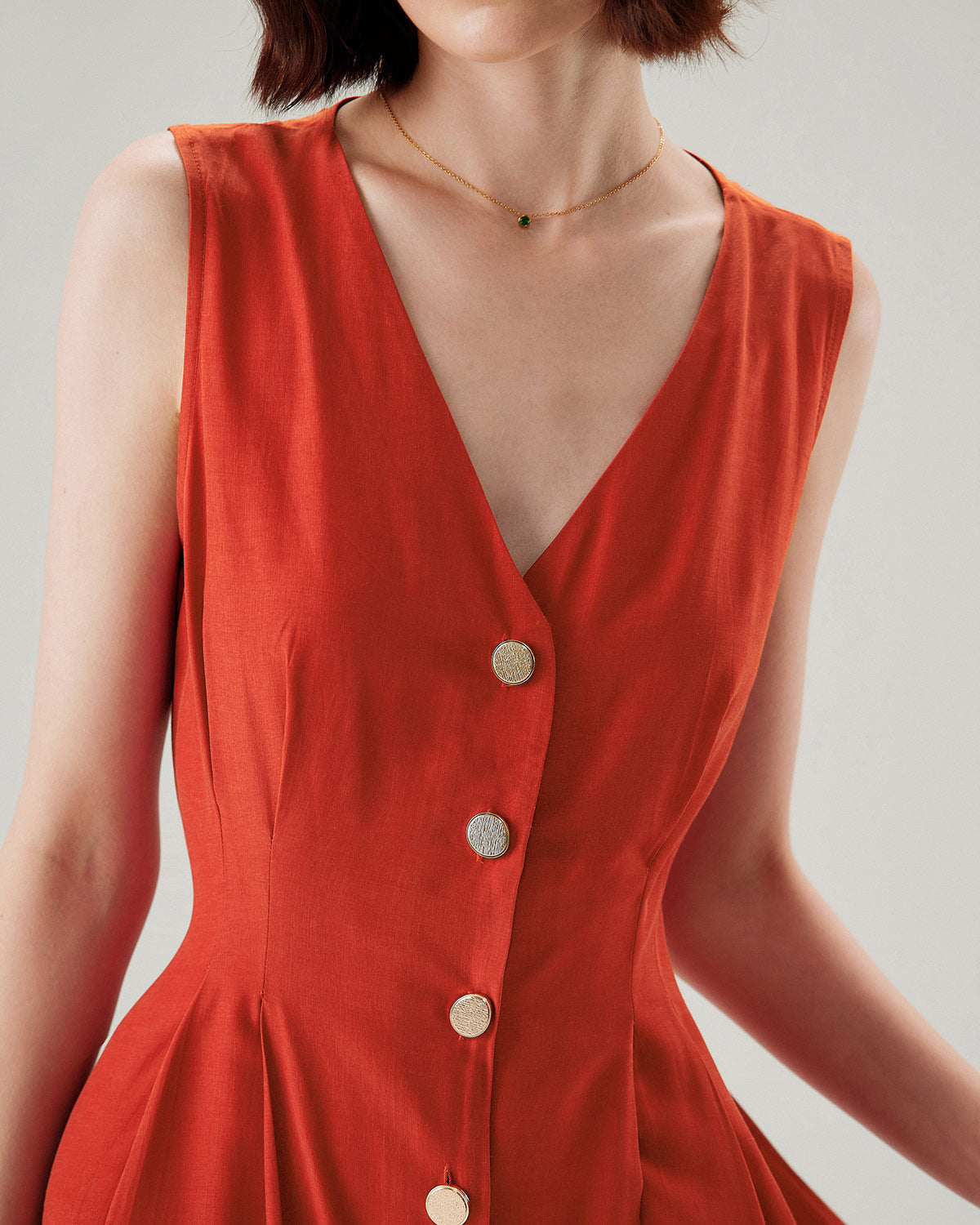 Red V-neck Button Sleeveless Midi Dress