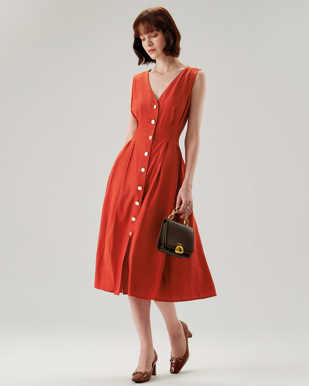 Red V-neck Button Sleeveless Midi Dress
