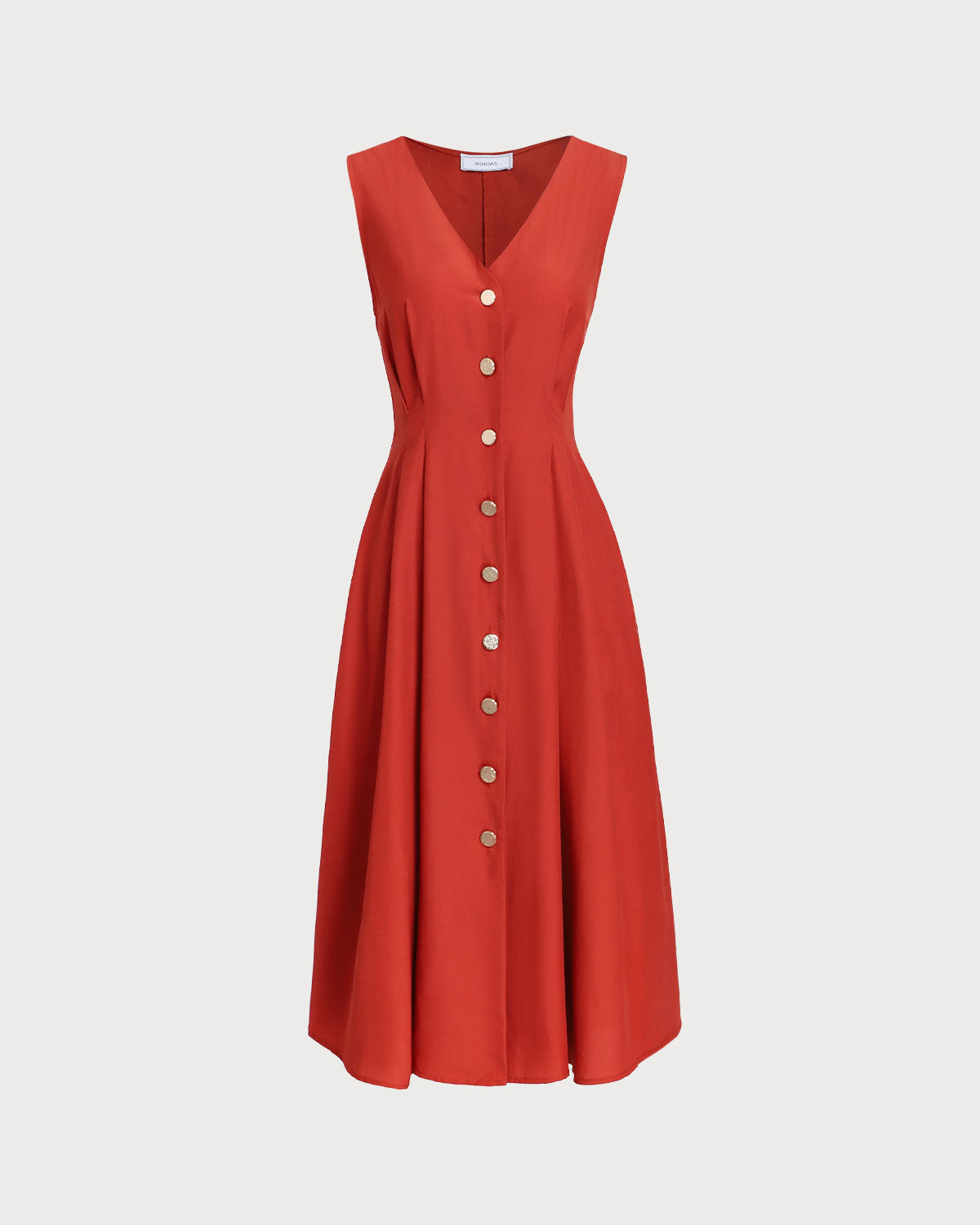 Red V-neck Button Sleeveless Midi Dress