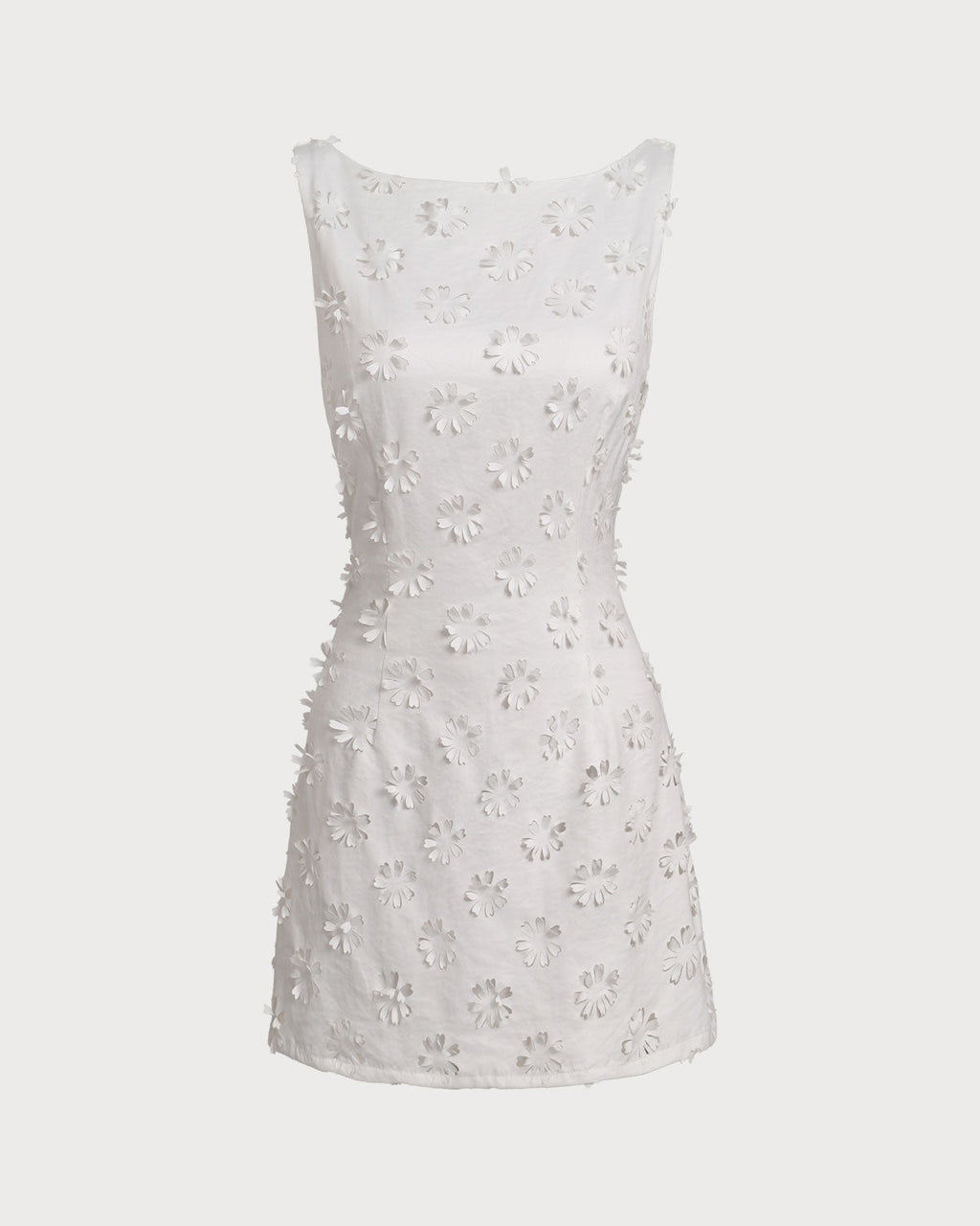 White Textured Boat Neck Sleeveless Mini Dress