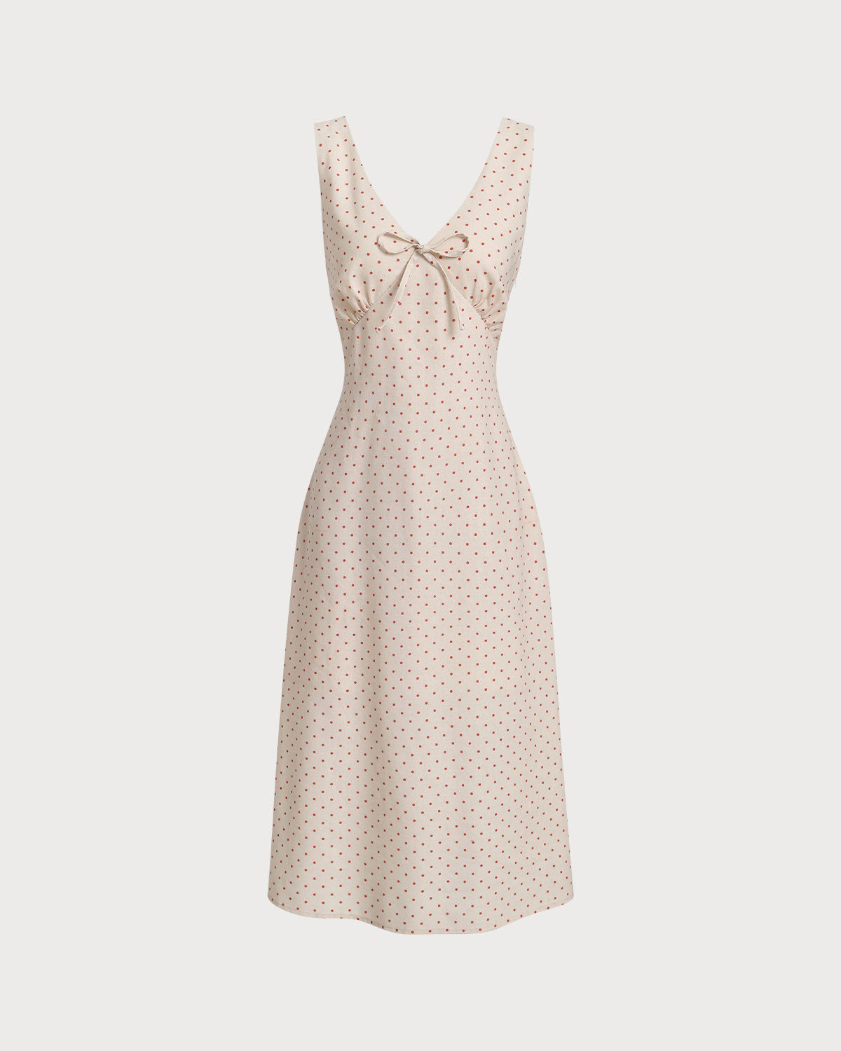 Beige V-neck Ruched Sleeveless Midi Dress
