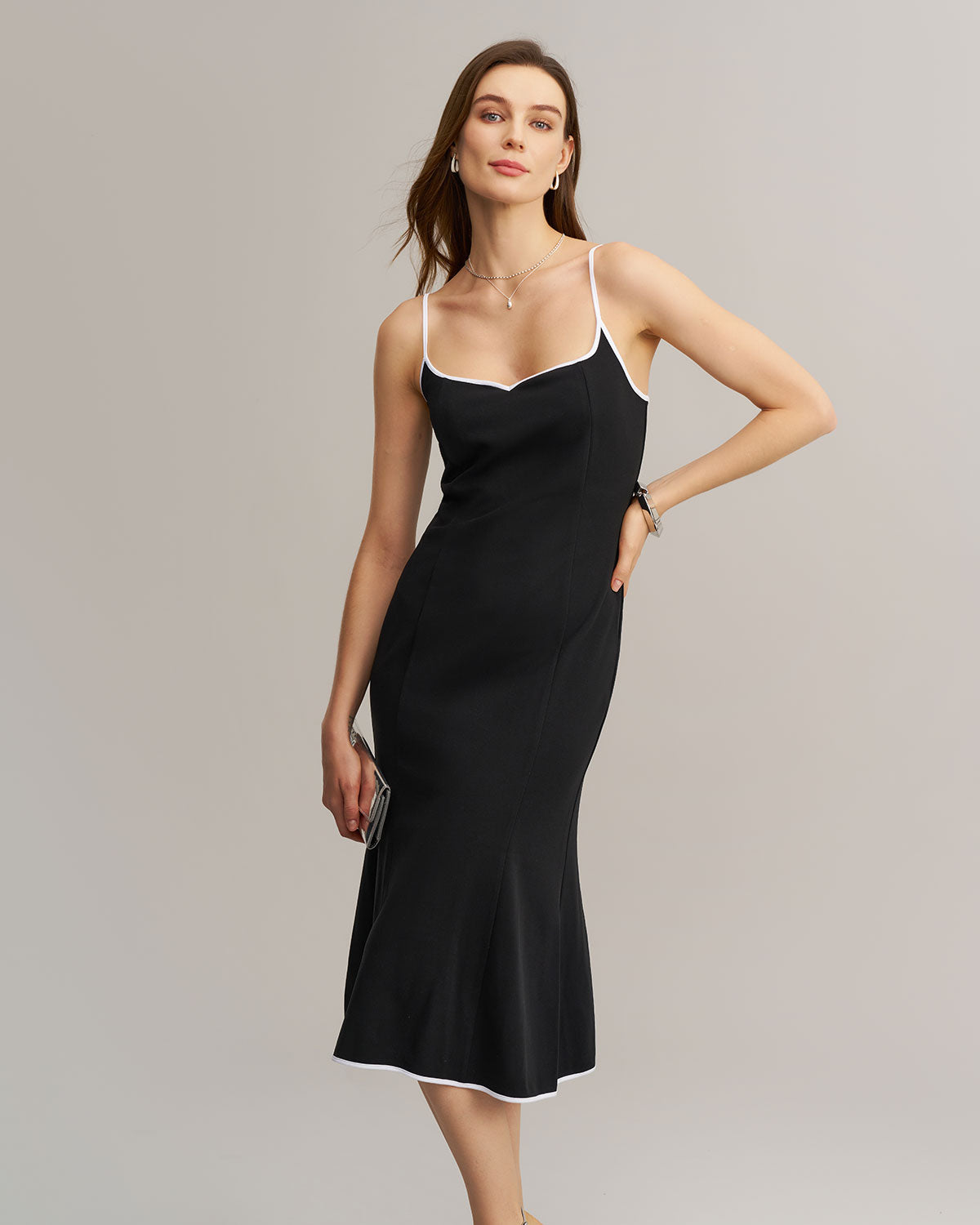 Black Contrast Sweetheart Neck Slip Midi Dress