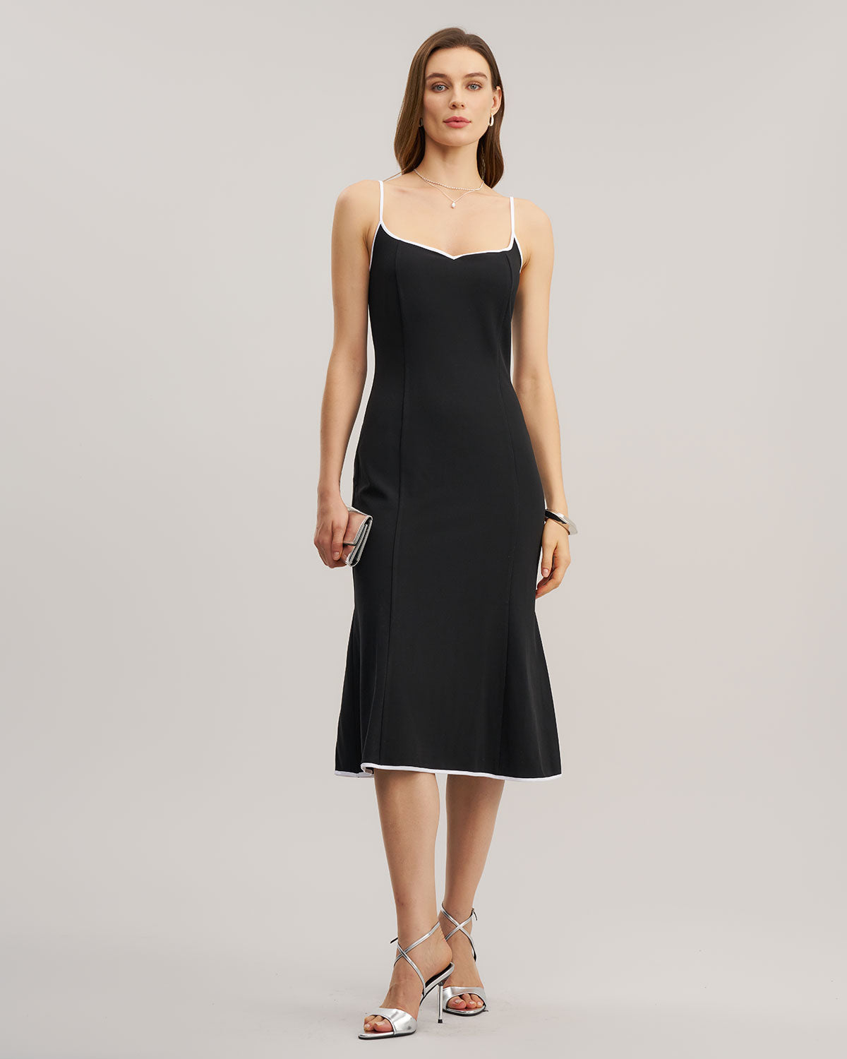 Black Contrast Sweetheart Neck Slip Midi Dress