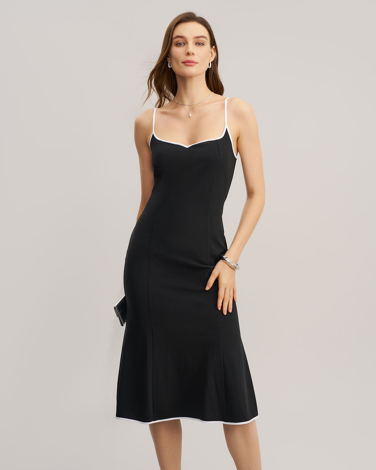Black Contrast Sweetheart Neck Slip Midi Dress
