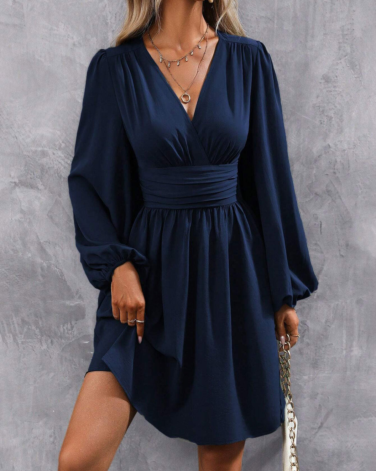 Blue V Neck Shirred A-Line Mini Dress