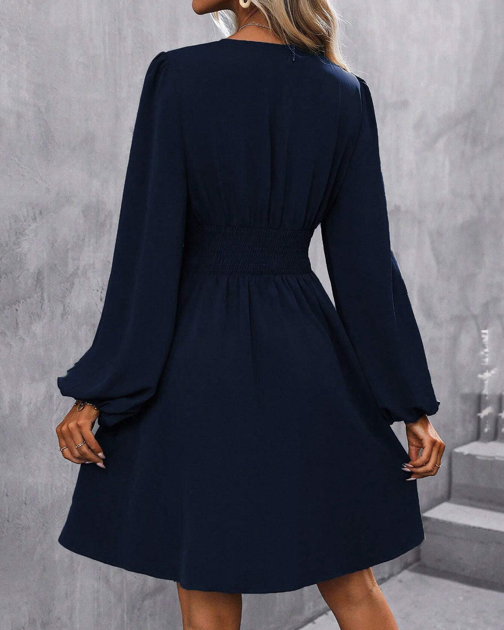 Blue V Neck Shirred A-Line Mini Dress