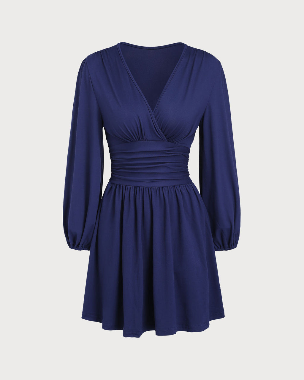 Blue V Neck Shirred A-Line Mini Dress