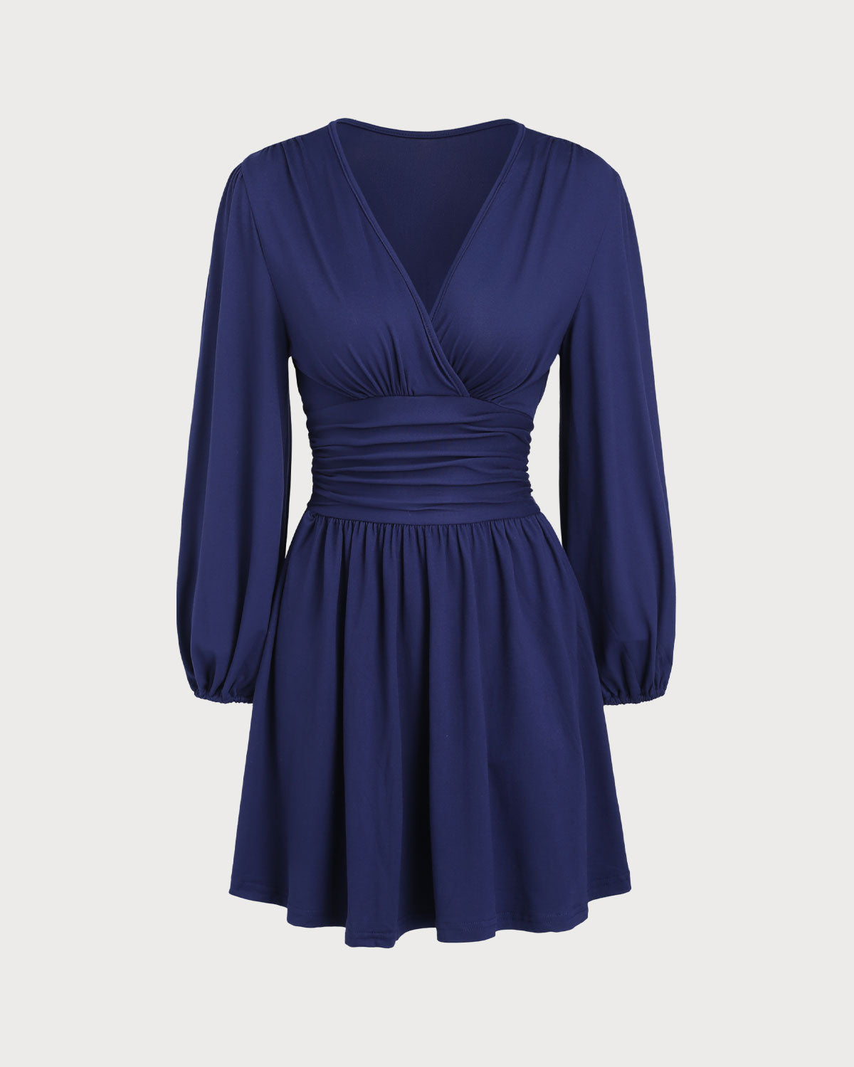 Blue V Neck Shirred A-Line Mini Dress