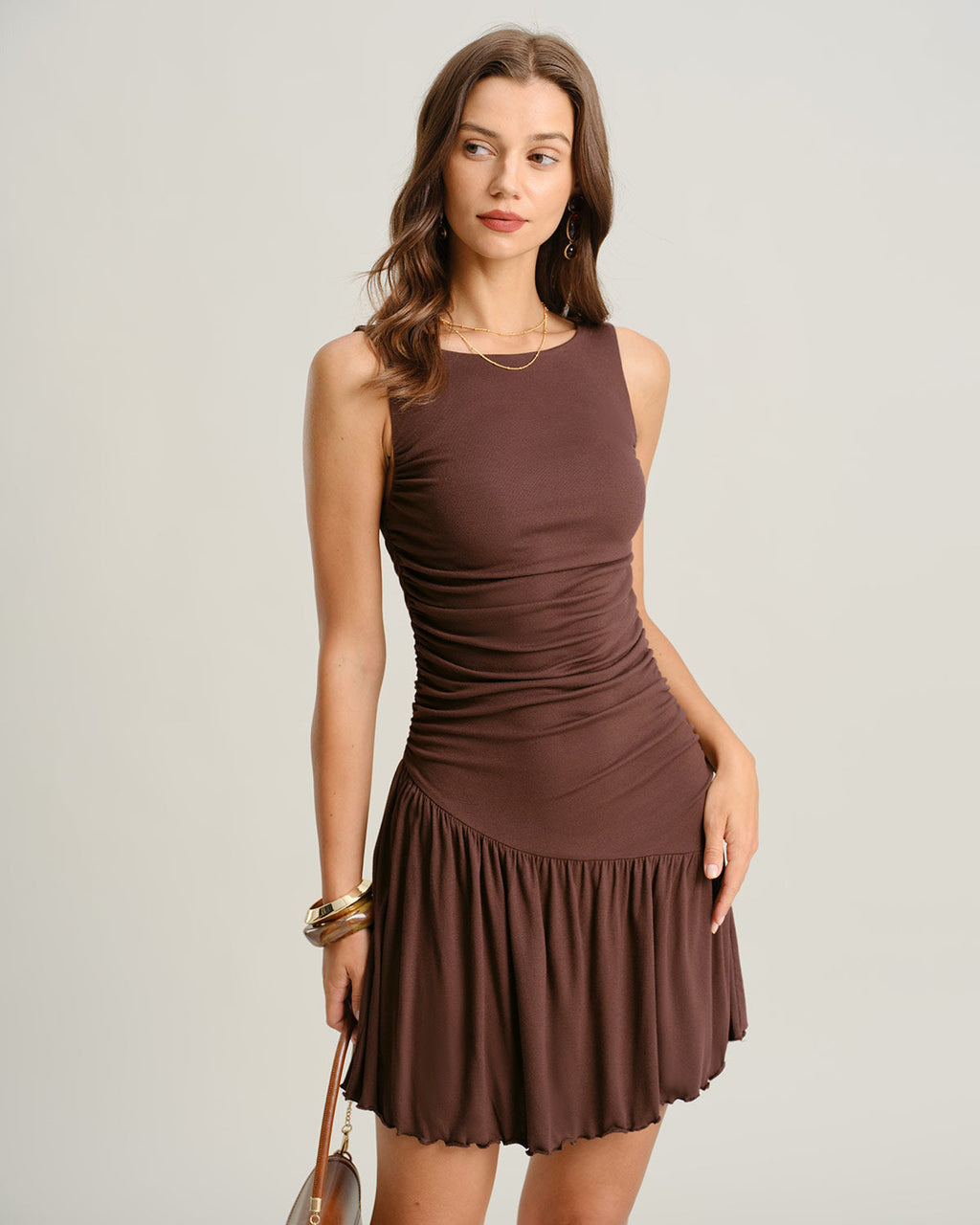 Brown Boat Neck Ruched Sleeveless Mini Dress