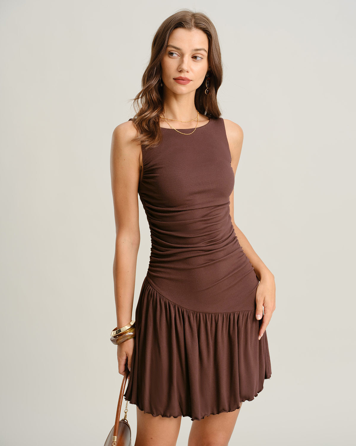 Brown Boat Neck Ruched Sleeveless Mini Dress