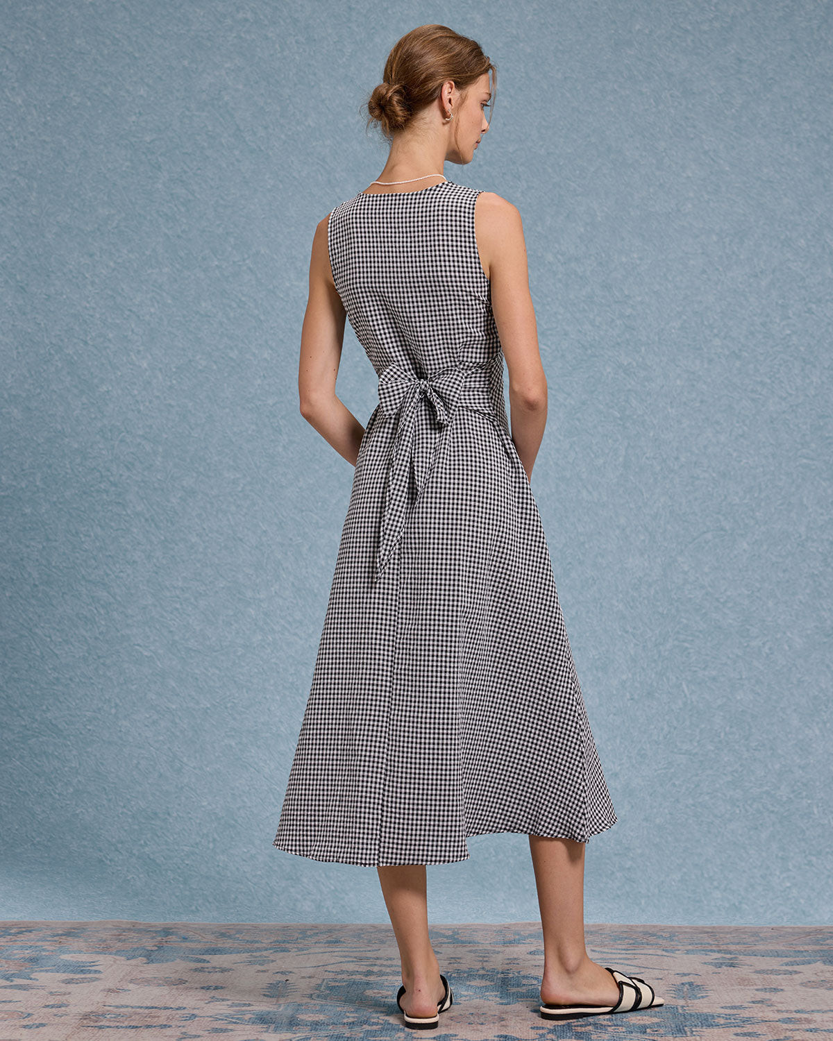 Black Plaid V Neck Sleeveless Maxi Dress