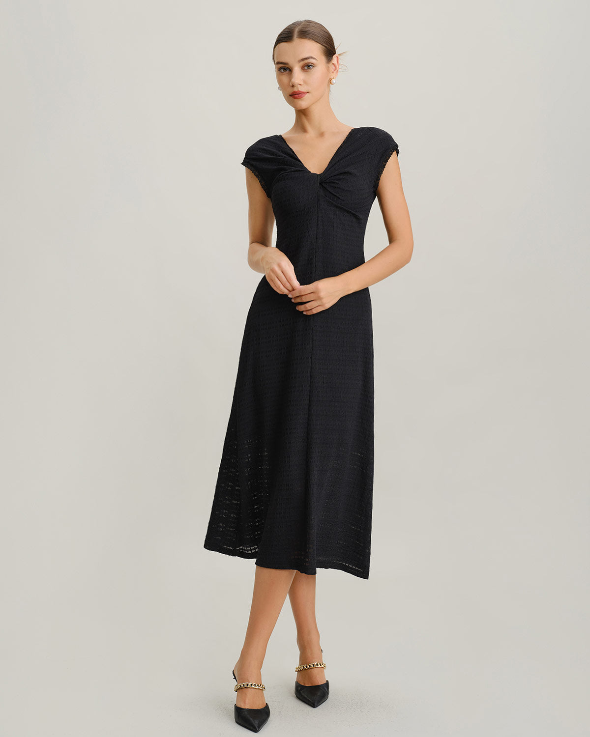 Black V Neck Cowl Sleeve A-Line Midi Dress