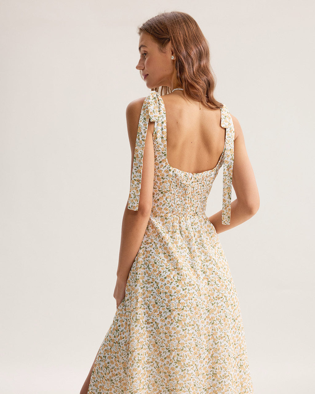 Yellow Floral Shirred Slip Midi Dress