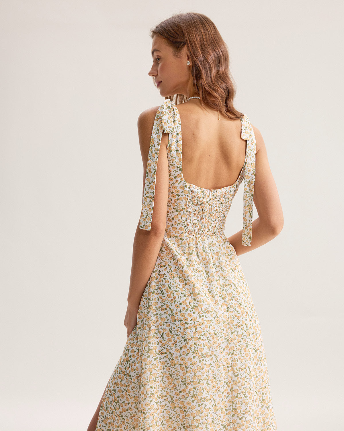 Yellow Floral Shirred Slip Midi Dress