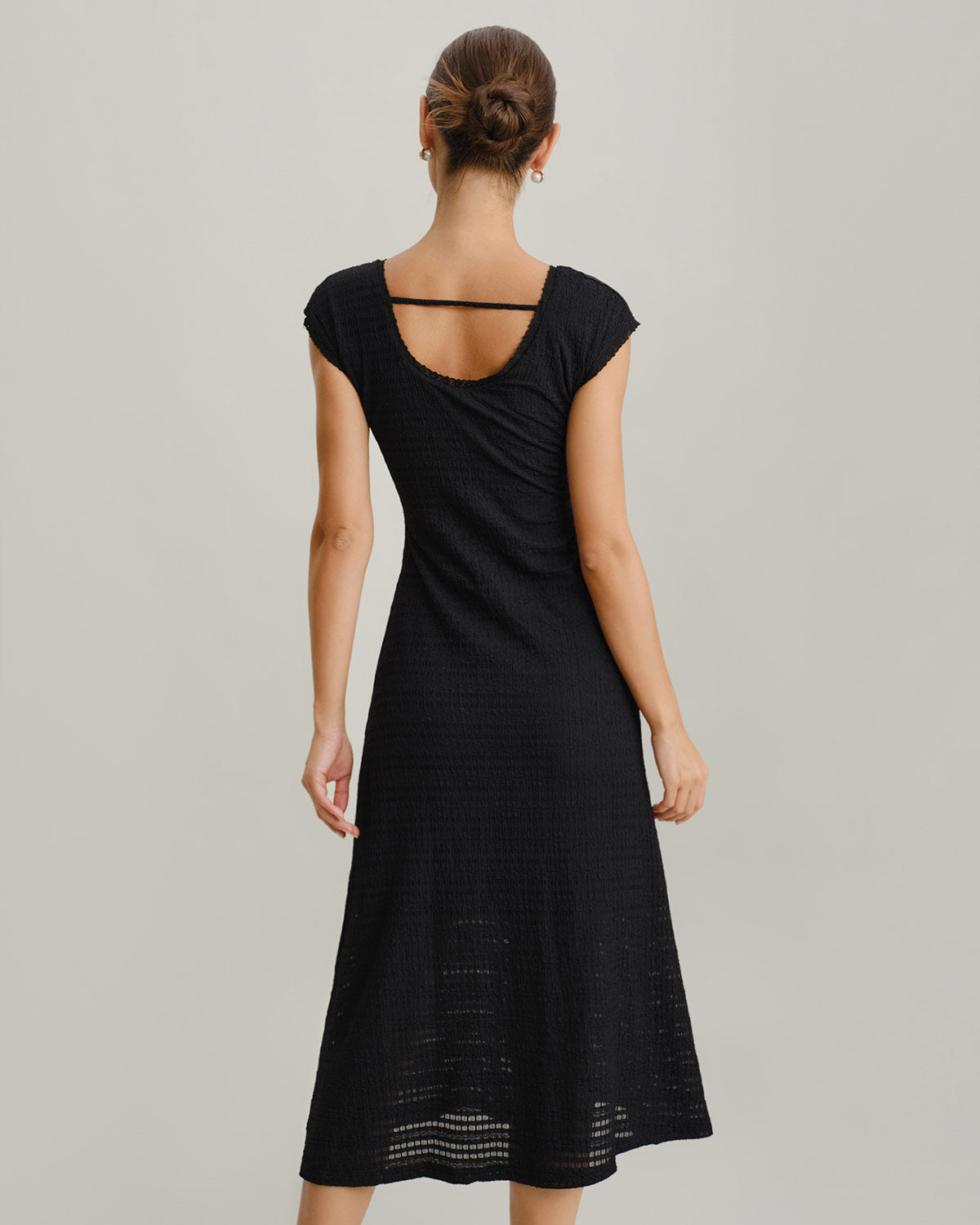 Black V Neck Cowl Sleeve A-Line Midi Dress