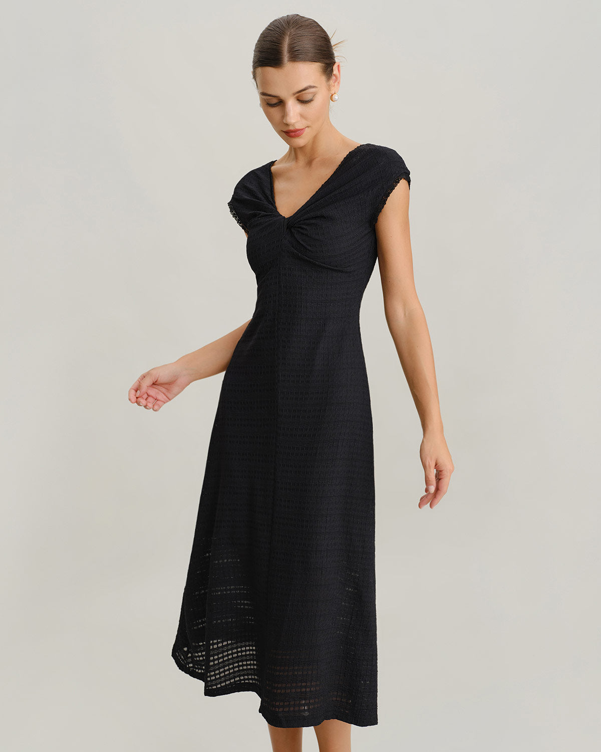 Black V Neck Cowl Sleeve A-Line Midi Dress