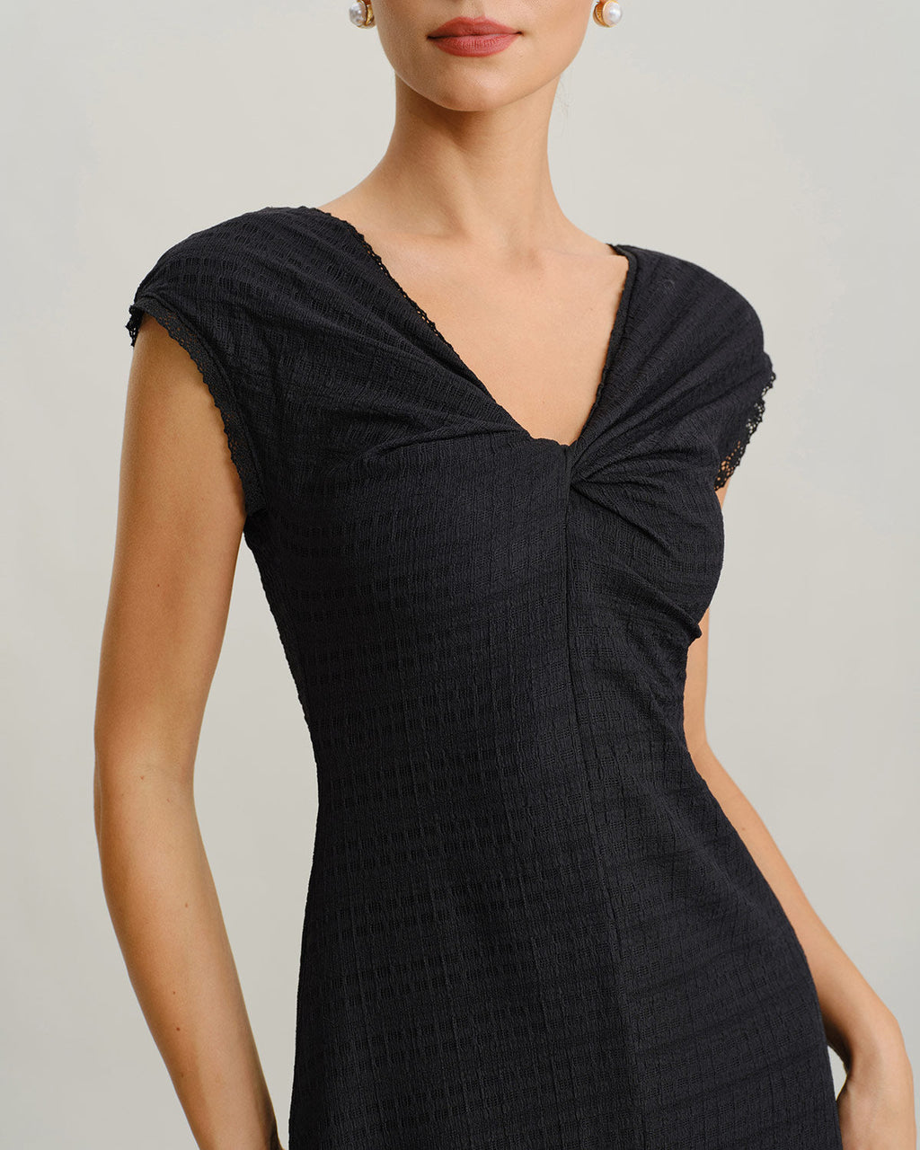 Black V Neck Cowl Sleeve A-Line Midi Dress