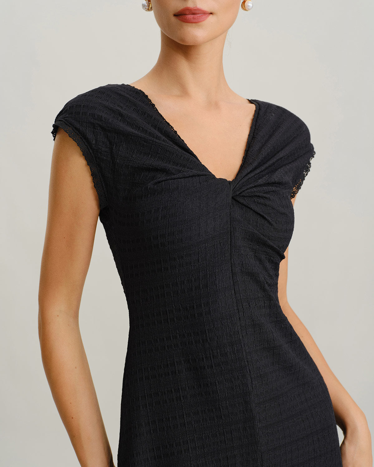 Black V Neck Cowl Sleeve A-Line Midi Dress