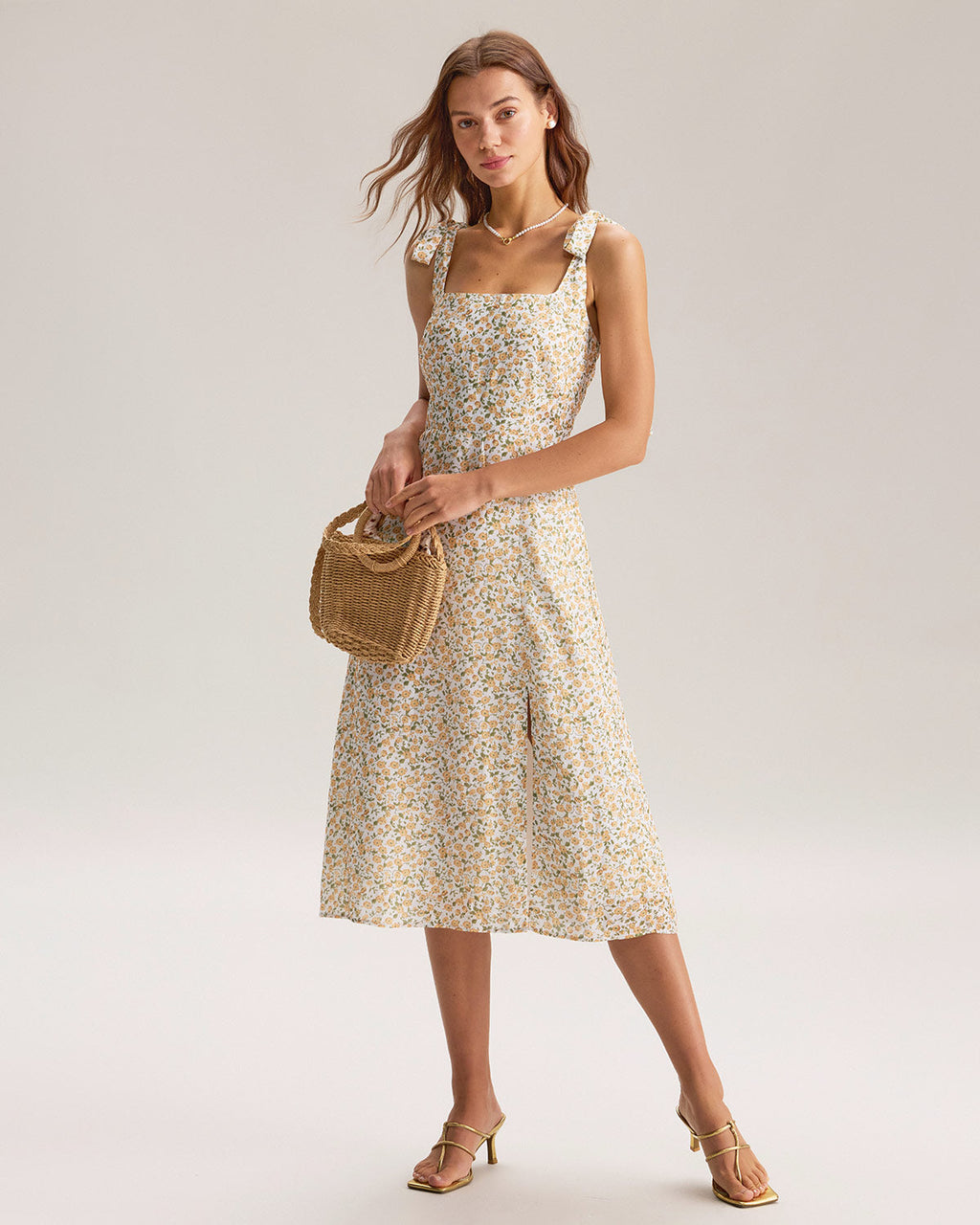 Yellow Floral Shirred Slip Midi Dress