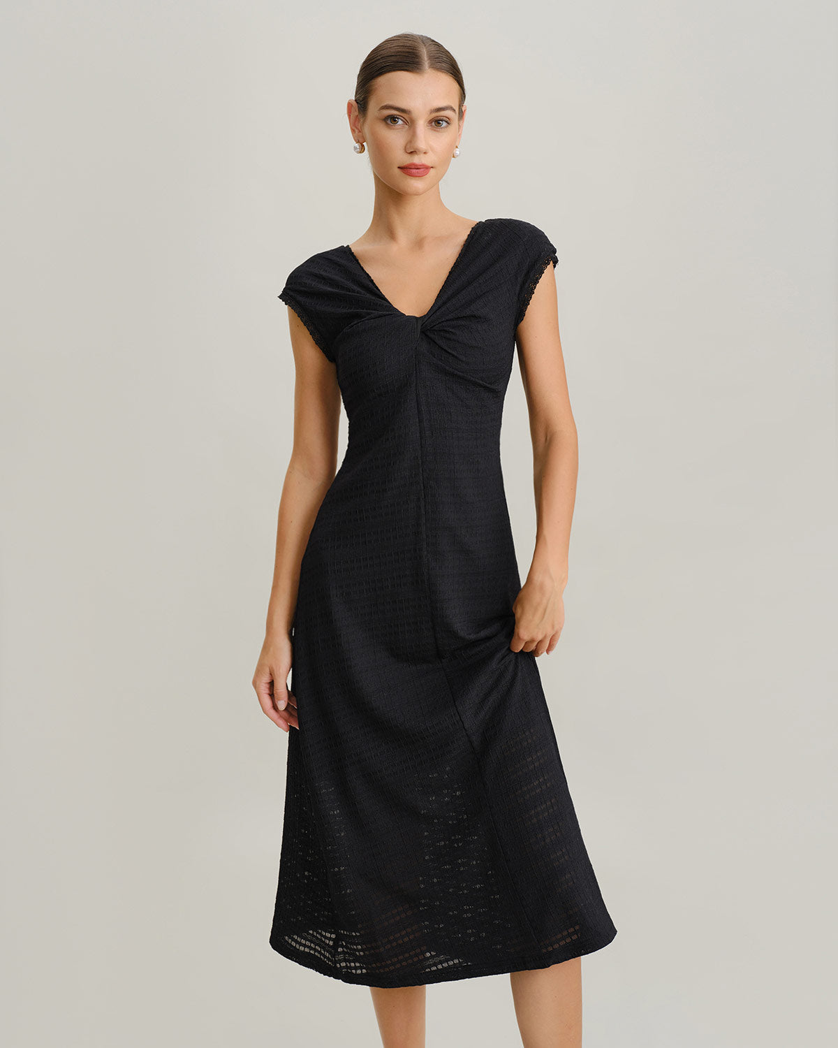 Black V Neck Cowl Sleeve A-Line Midi Dress
