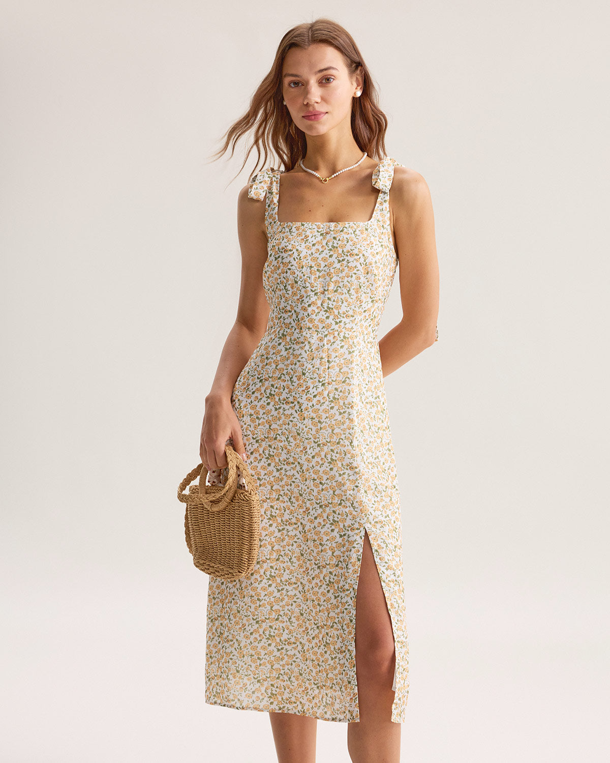 Yellow Floral Shirred Slip Midi Dress