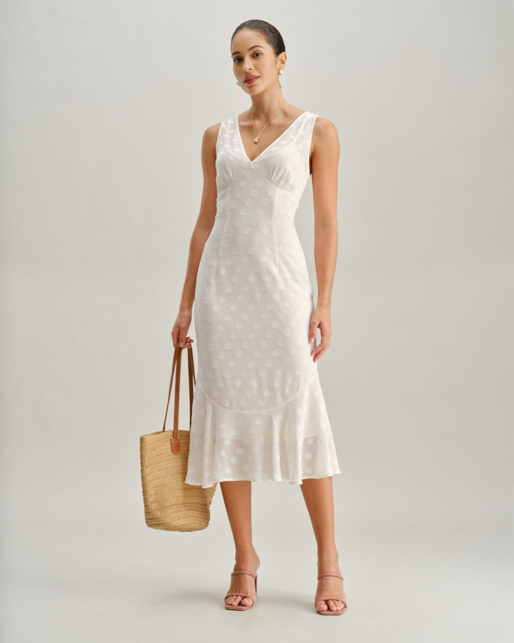 Beige Polka Dot V-Neck Midi Dress
