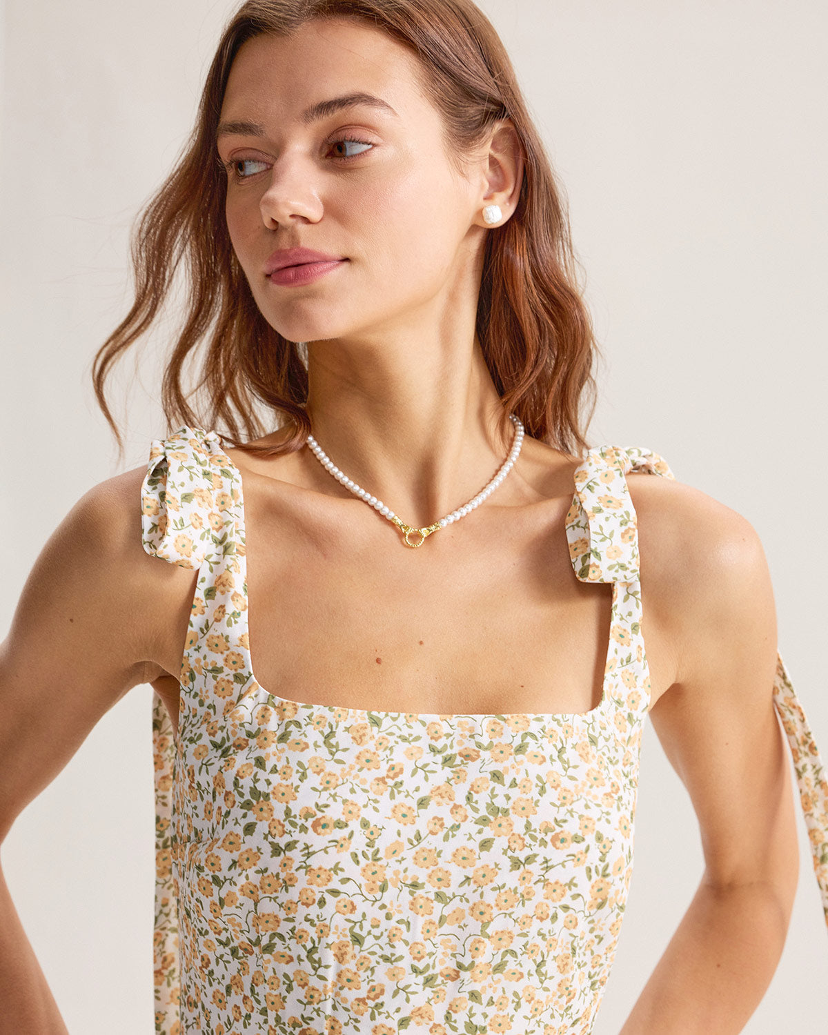 Yellow Floral Shirred Slip Midi Dress