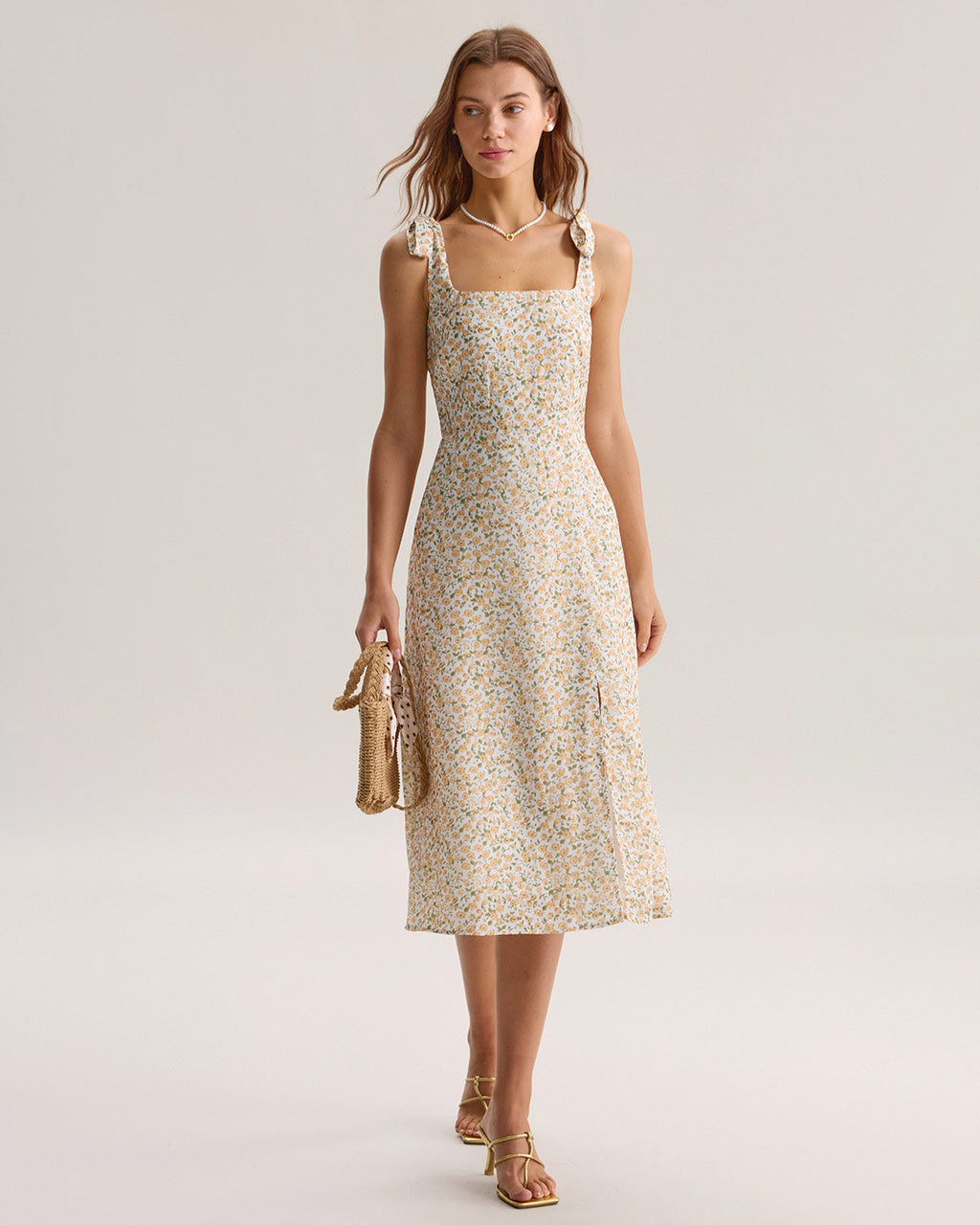 Yellow Floral Shirred Slip Midi Dress