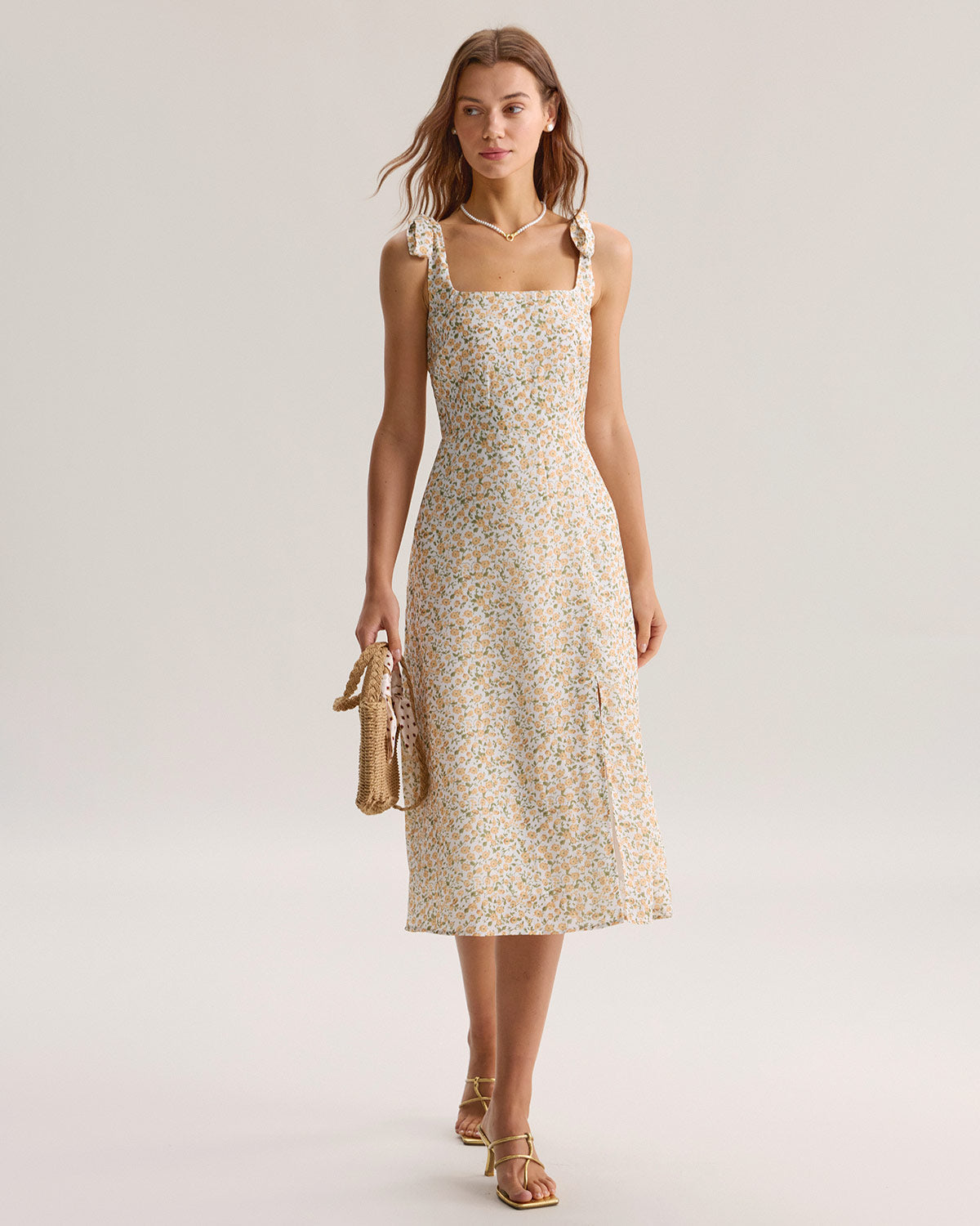 Yellow Floral Shirred Slip Midi Dress