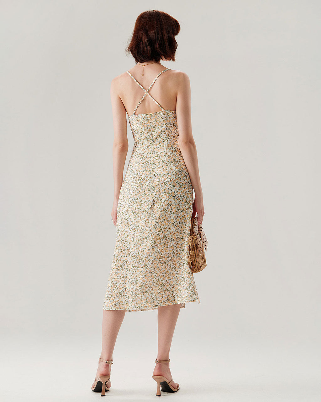 Yellow Floral Ruched Slip Midi Dress