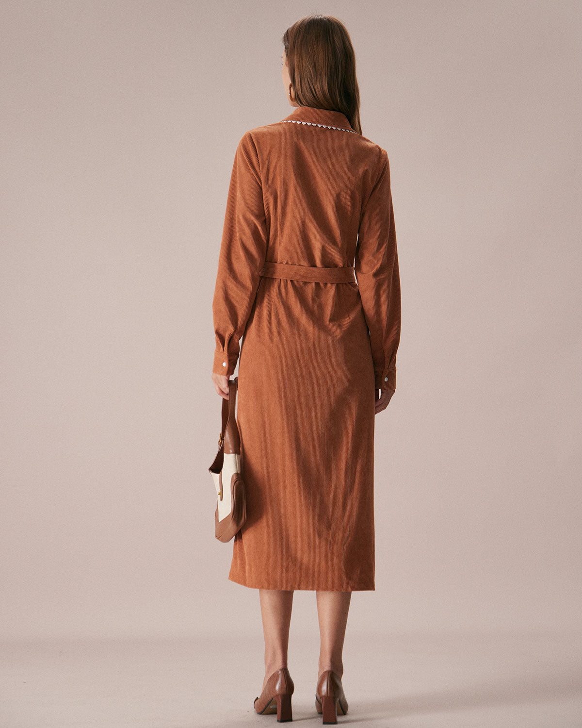 Caramel Belted A-Line Midi Dress