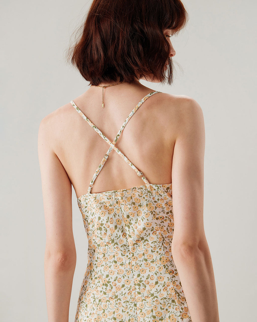 Yellow Floral Ruched Slip Midi Dress