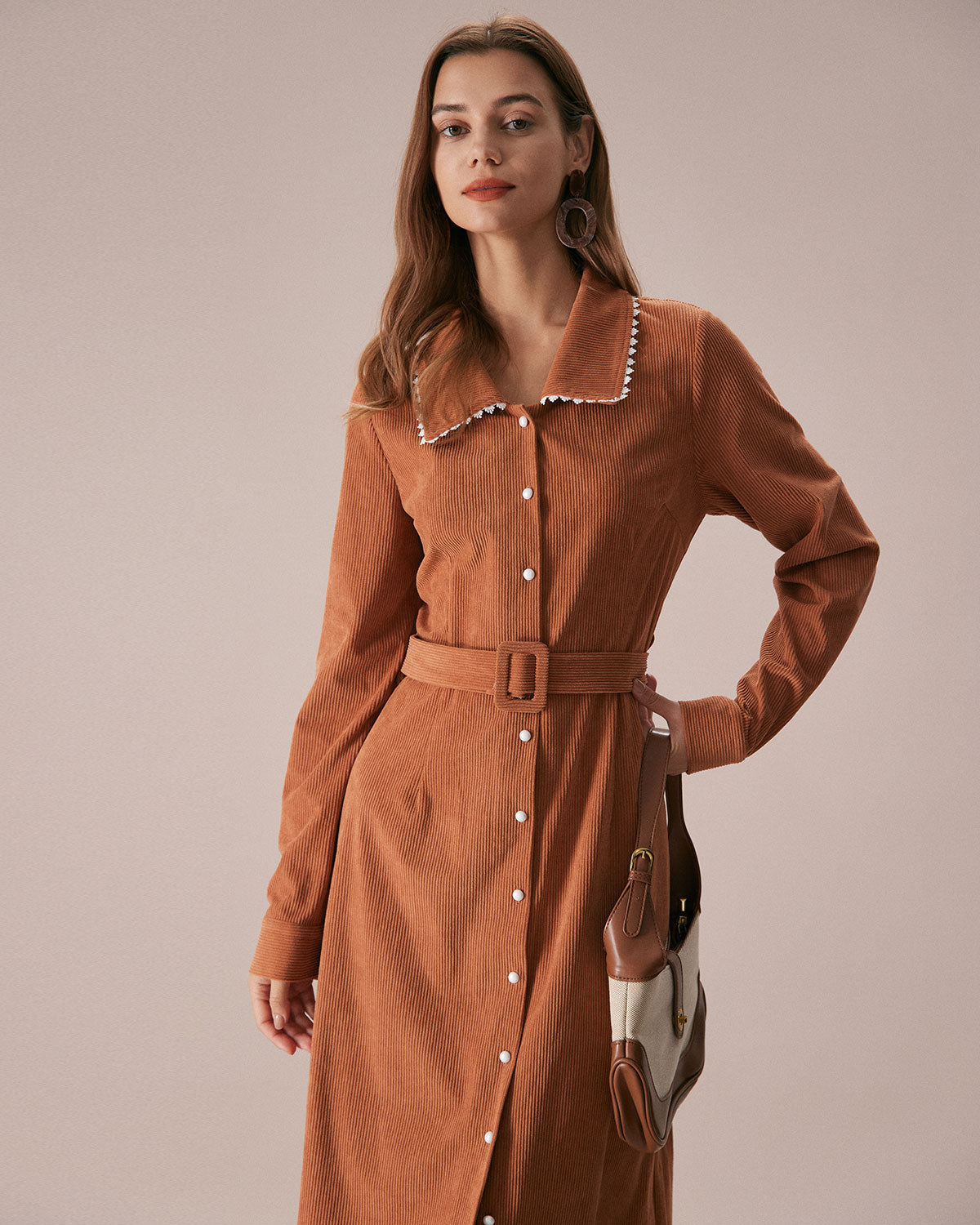 Caramel Belted A-Line Midi Dress