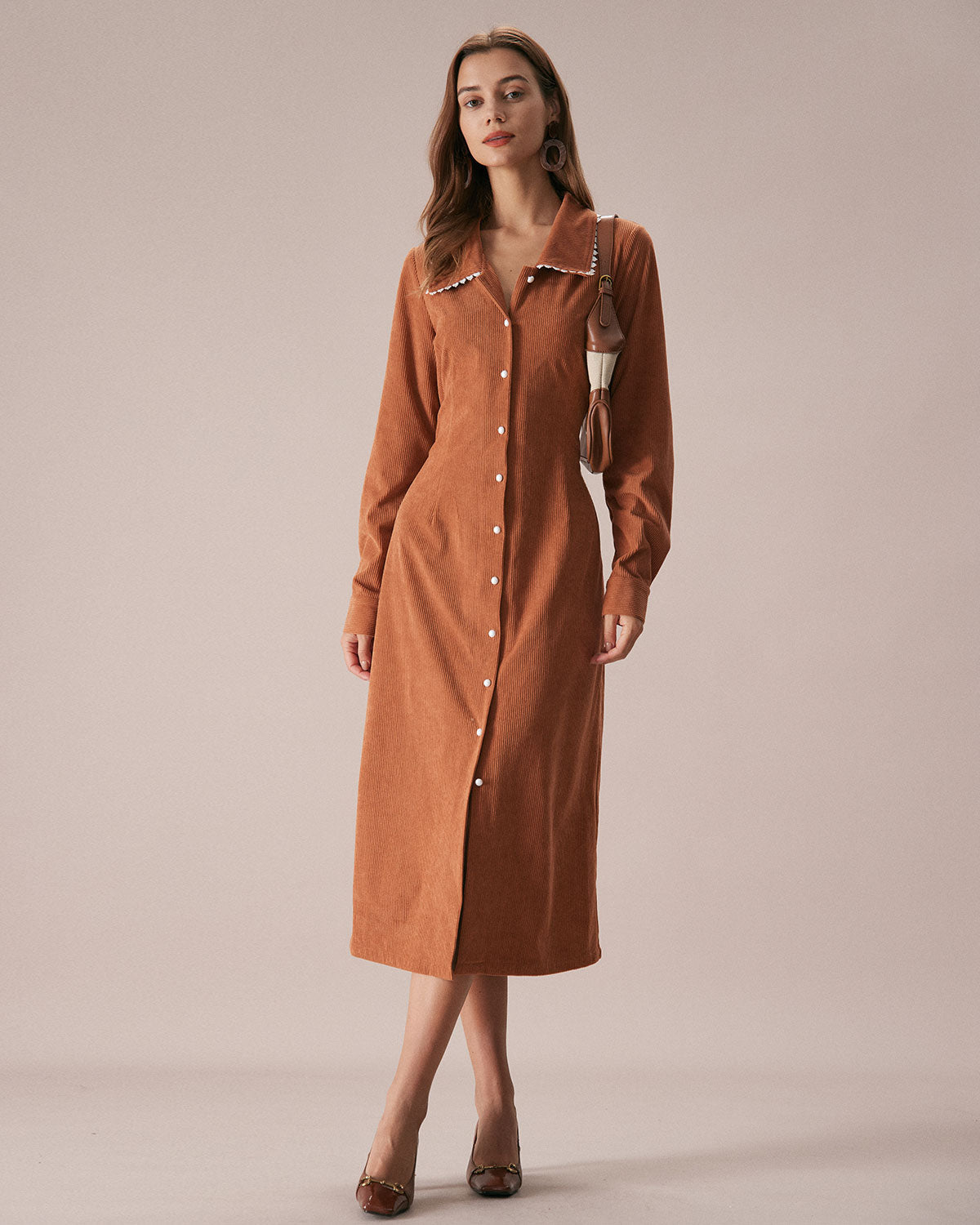 Caramel Belted A-Line Midi Dress
