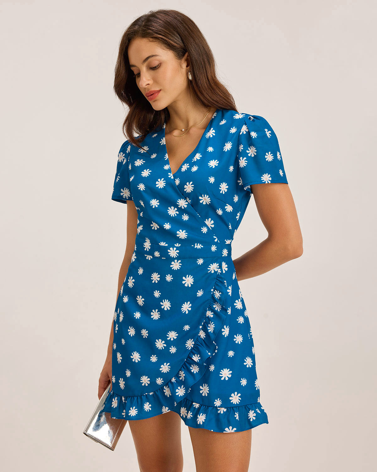 Blue Floral Wrap Mini Dress