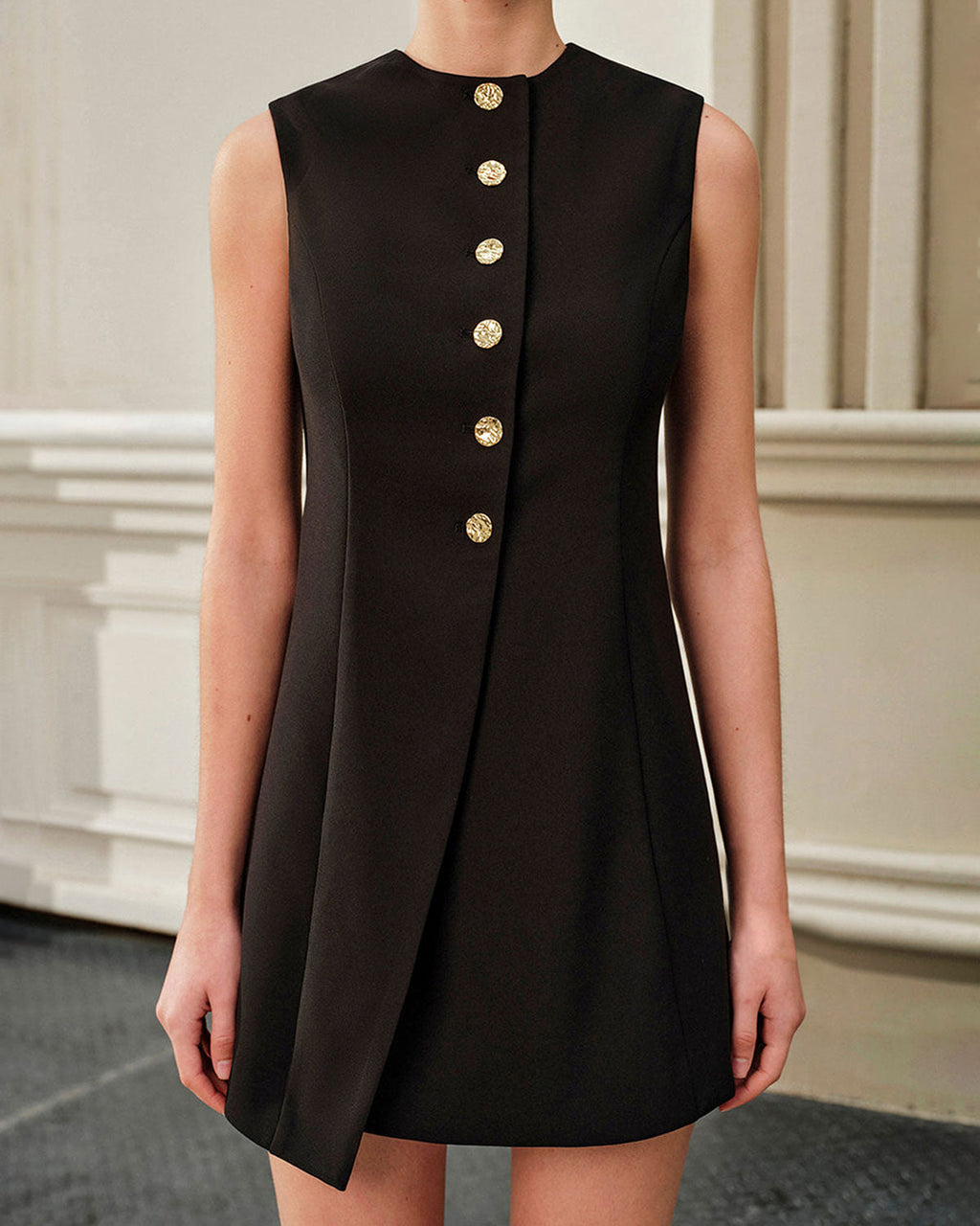 Black A-Line Button Mini Dress