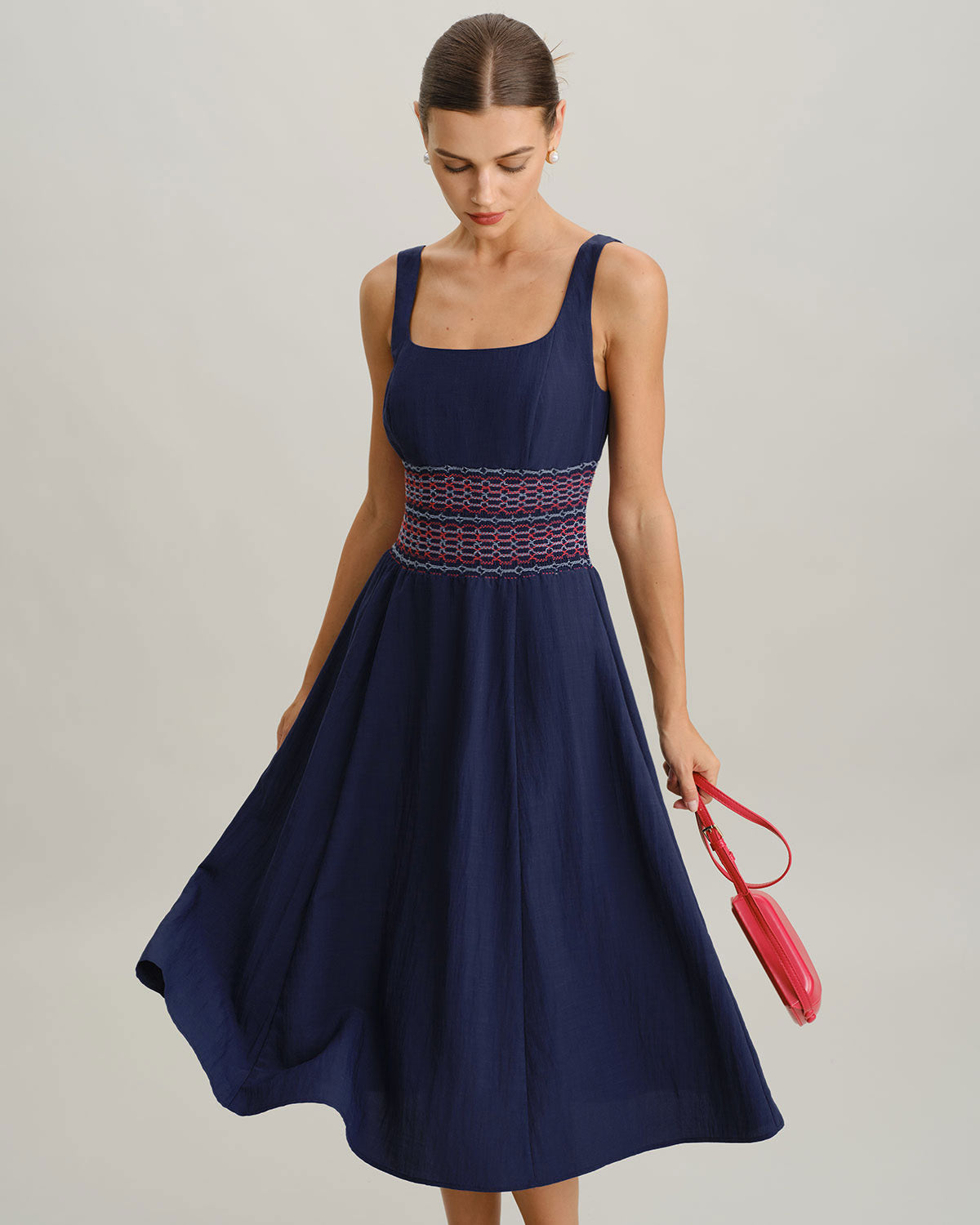 Blue Square Neck Shirred Slip Midi Dress