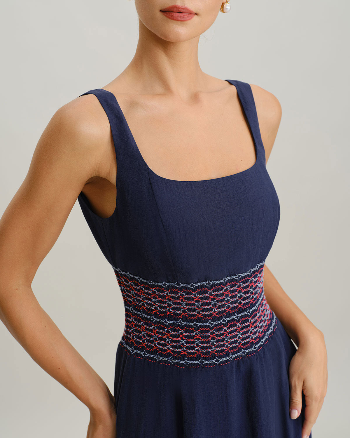 Blue Square Neck Shirred Slip Midi Dress