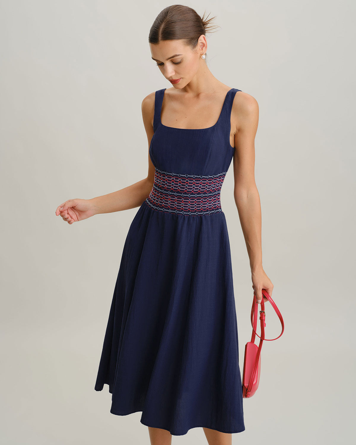Blue Square Neck Shirred Slip Midi Dress