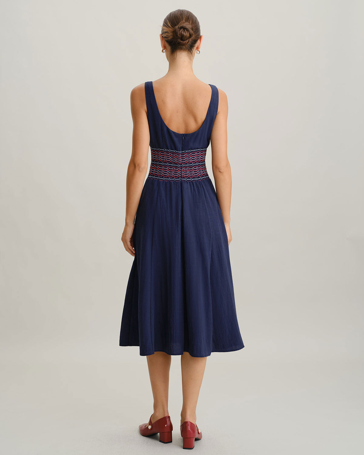 Blue Square Neck Shirred Slip Midi Dress